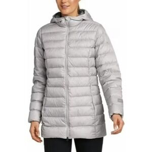 EDDIE BAUER Women's Small Shimmer Grey Packable Down Hooded Puffer Jacket